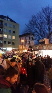 Revelers congregate outside during Cologne’s Carnival.