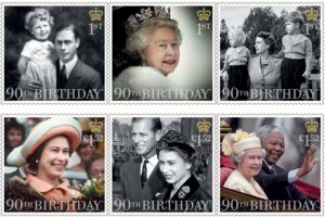 Six new stamps in honor of Queen Elizabeth’s 90th Birthday. Courtesy of the Royal Mail.