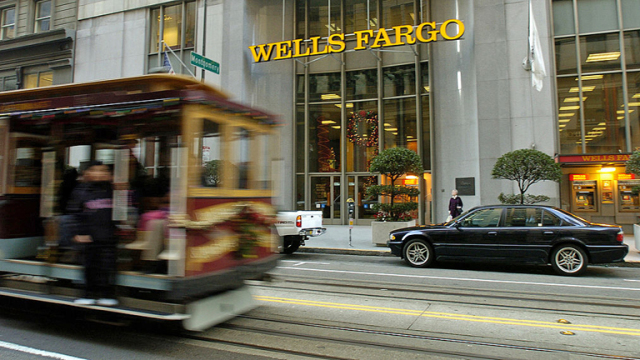 A cable car passes the entrance to Wells Fargo & Co.'s San F