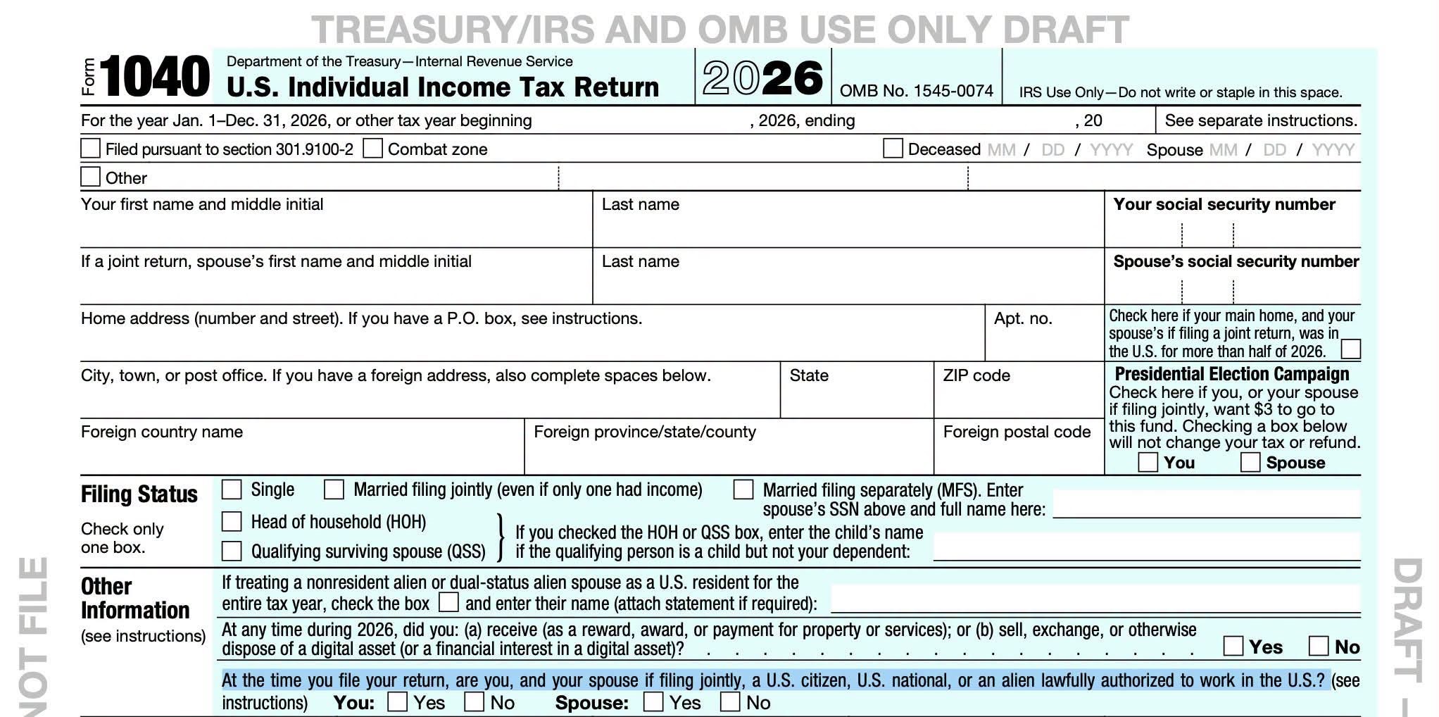 IRS опубликовала проект Form 1040 за 2026 г.
